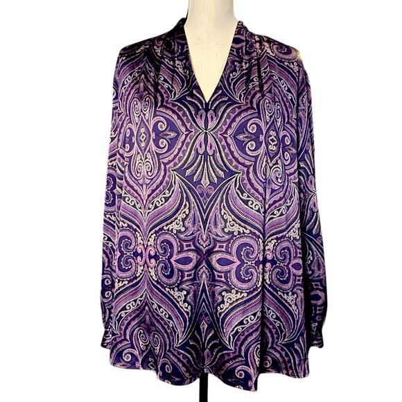 Chico’s Womens Plus Long Sleeve Pleat Scroll Satin Blouse Purple Lotus Petal XXL - Picture 15 of 15